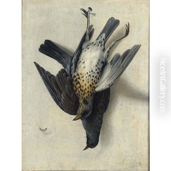 Still Life With Two Godwits Hanging From Nails On The Wall Oil Painting by Cornelis V. Bilt Der Biltius