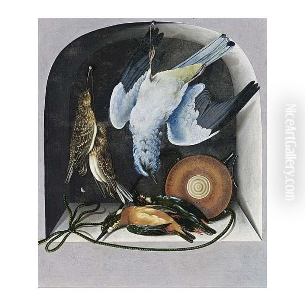 A Trompe L'oeil With A Hunting Still Life Of Birds And A Flacon In A Niche Oil Painting by Cornelis V. Bilt Der Biltius