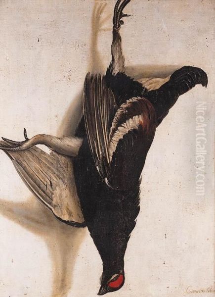 A Tromp-l'oeil Of A Blackcock Hanging From A Nail Oil Painting by Cornelis V. Bilt Der Biltius