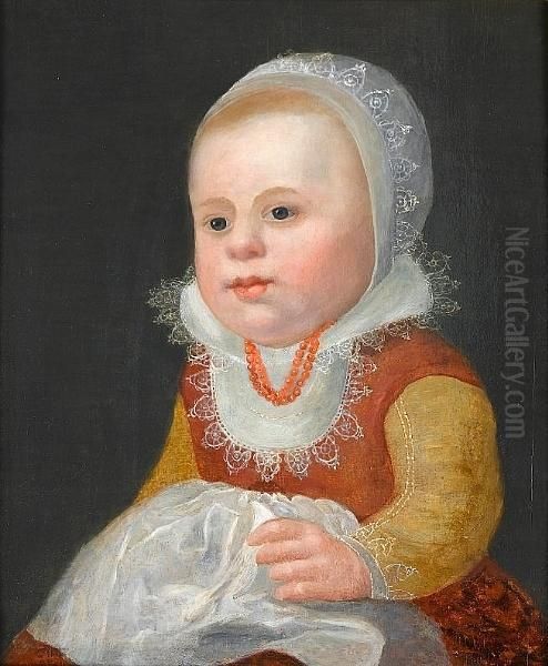 Portrait Of A Young Girl, Half-length, In A Red Dress With A White Lace Collar And Cap Oil Painting by Adriaen Van De Linde