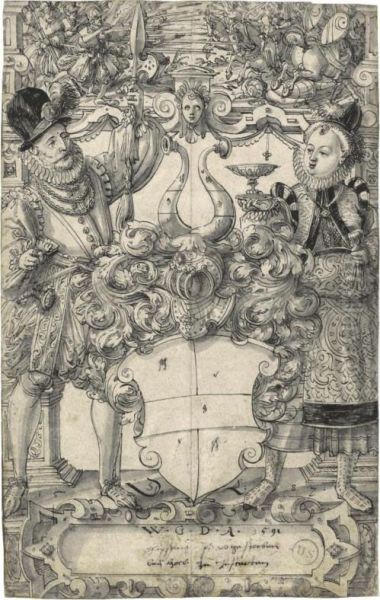 The Arms Of Habsberg Flanked By An Elegant Couple Oil Painting by Daniel Jungere Der Lindtmayer