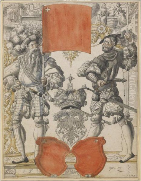 The Arms Of Canton Schwyz Between Two Militiamen, With Christ Andthe Woman Of Samaria Above Oil Painting by Daniel Jungere Der Lindtmayer