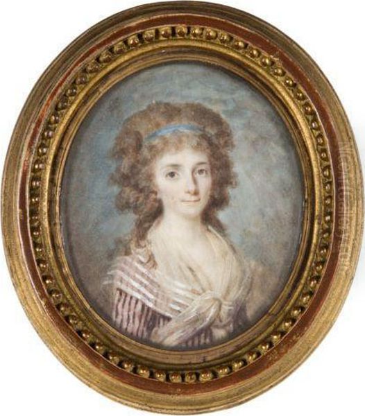 Jeune Femme A Mi-corps En Robe Rose Rayee De Brun, Guimpe Blanche Sur Les Epaules, Ses Cheveux Tenus Par Un Ruban Bleu Oil Painting by Joseph Deranton