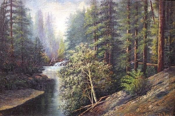 A Forest Interior With A River Running Through It Oil Painting by Thomas Derayne