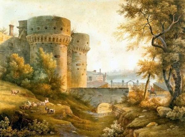 Vue De La Porte Saint-jacques A Joigny Oil Painting by Laurent Deroy