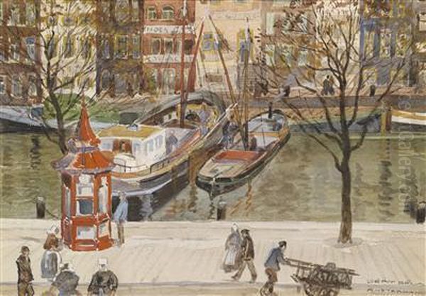 Gracht Inamsterdam Mit Booten Und Kiosk Oil Painting by Bela Dery