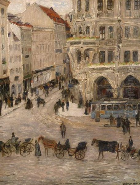 A Marienplatz Munchenben Oil Painting by Bela Dery