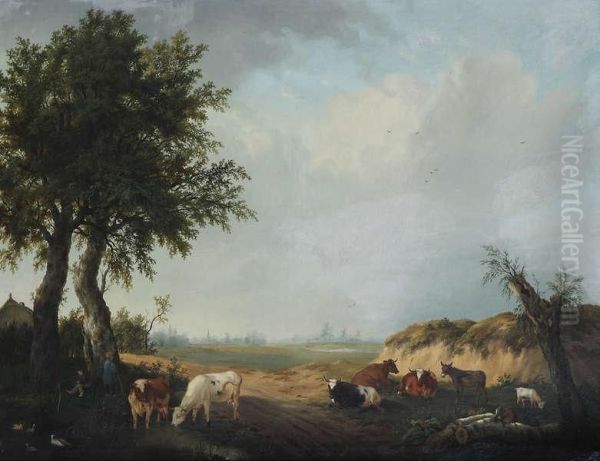 Jonge Herder Met Koeien Bij Zandweg Met Dorp In De Verte Oil Painting by Charles Desan