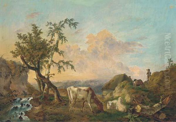 Sheep And Cattle Grazing Beside A Stream With A Shepherd Lookingon Oil Painting by Charles Desan