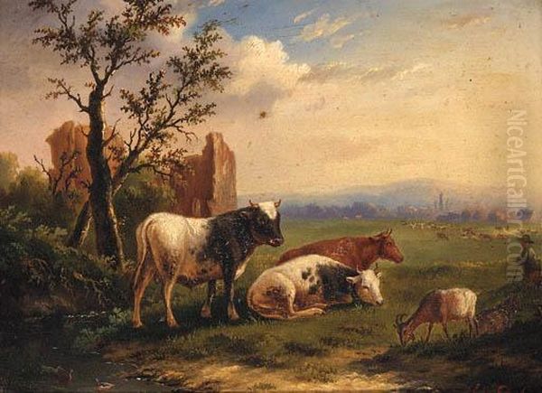 Sheep And A Donkey In A Meadow; And Cattle With A Goat In Ameadow Oil Painting by Charles Desan