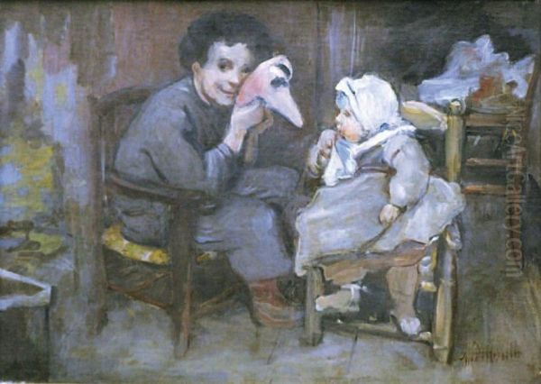 Homme Distrayant Un Enfant Oil Painting by Marcellin Desboutin