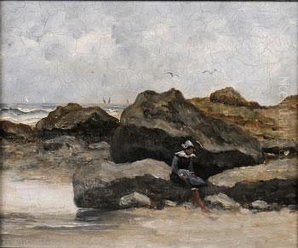 Bretonne En Bord De Mer Assise Sur Un Rocher Oil Painting by Jean Desbrosses