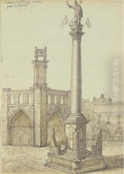 View Of The Column Of San Oronzio In Lecce, Near Brindisi Oil Painting by Guillaume Desire J. Descamps