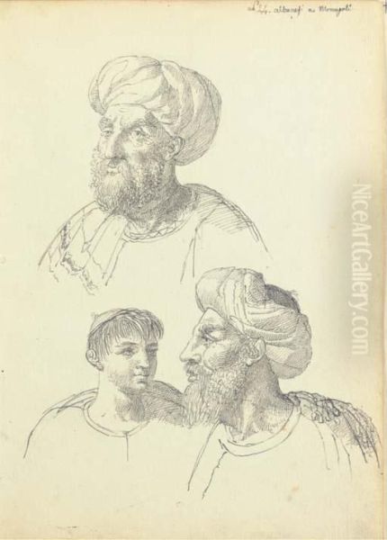 Studies Of The Heads Of Two Albanians Wearing Turbans And Of Aboy Oil Painting by Guillaume Desire J. Descamps