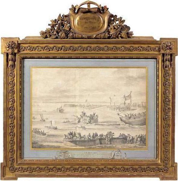 le Roy Etant Sur La Plage De La Rade Du Havre Voit Lancer 3 Navires A La Mer Et Representer Un Combat Naval. 20 7bre 1749 Oil Painting by Jean-Baptiste Descamps