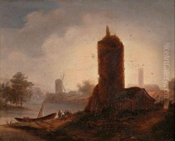 Bergerie Et Moulin En Bas De Riviere. Oil Painting by Jean Julien Deschamps