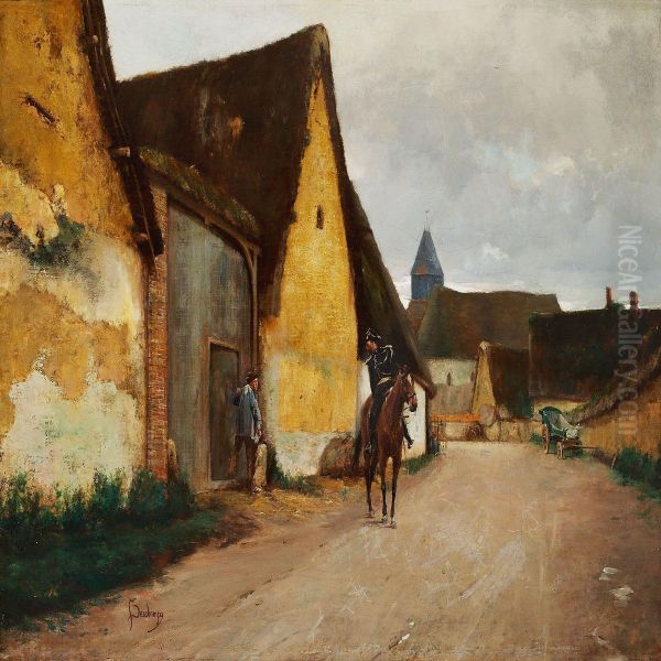 Man On Horseback In A French Village Oil Painting by Louis Henri Deschamps