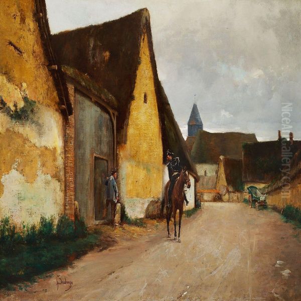 Horseman In A French Village Oil Painting by Louis Henri Deschamps