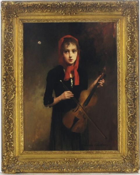 A Young Girl Holding A Violin Oil Painting by Louis Henri Deschamps