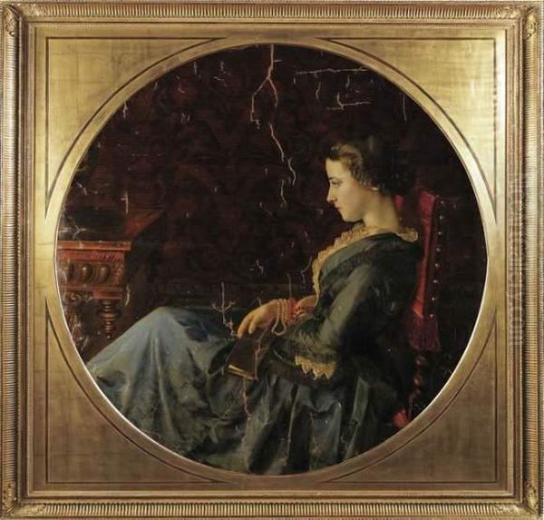 Portrait De Femme De Profil, Tenant Un Livre A La Main Oil Painting by Blaise Alexandre Desgoffe