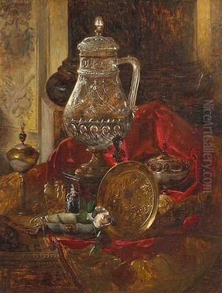 A Still Life With A Crystal Tankard And Otherprecious Objects Arranged On A Draped Cloth Oil Painting by Blaise Alexandre Desgoffe