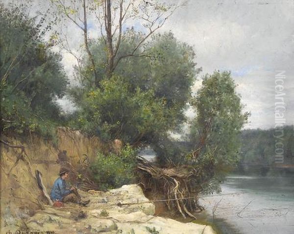 Flussuferpartie Mit Angler Oil Painting by Charles-Felix-Edouard Deshayes