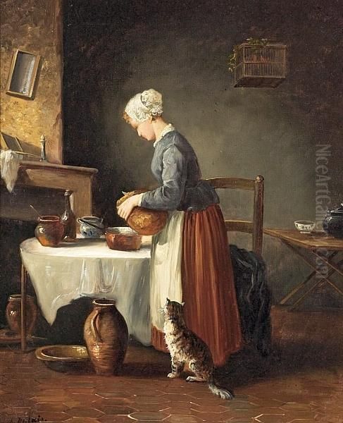 Scene From A Kitchen With The Maid And A Cat Oil Painting by Charles-Felix-Edouard Deshayes