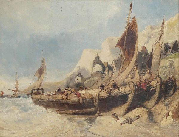 Fishing Vessels On The Shore, Brittany Oil Painting by Eugene Deshayes