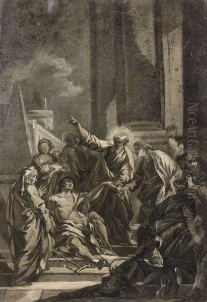 Saint Pierre Guerissant Le Paralytique, Grisaille Oil Painting by Jean-baptiste Deshays