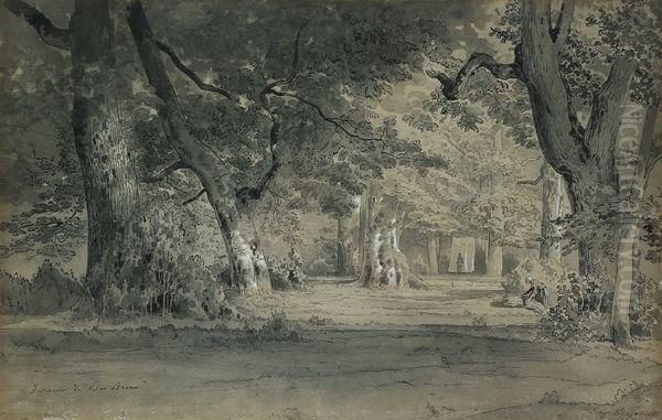 Paysage De Sous - Bois Avec Femme Portant Des Fagots Et Promeneurs Oil Painting by Louis Remy Eugene Desjobert