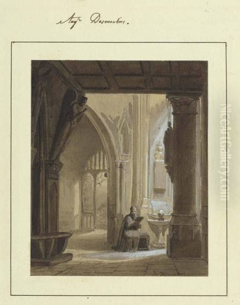 View Inside A Gothic Church With Monk Reading. by Auguste Francois Barthelemy Desmoulins