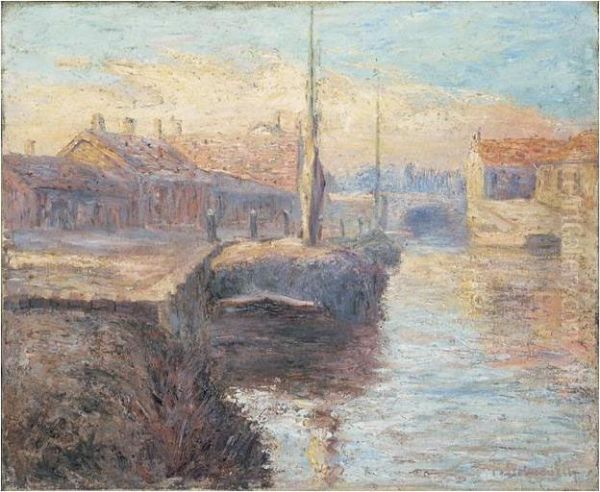 Barge Sur Un Canal Oil Painting by Fernand Desmoulins