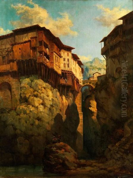 Uber Einer Schlucht Gebaute Italienische Hauser Oil Painting by Joseph Vezien Desombrages