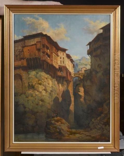 Italiensiches Schluchtstadtchen Mit Fischern Auf Felsen. Oil Painting by Joseph Vezien Desombrages