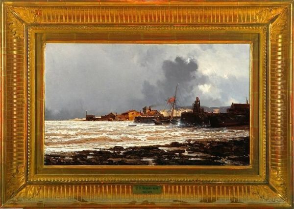 A Coast With Boats In A Harbour. Signed Oil Painting by Joseph Vezien Desombrages