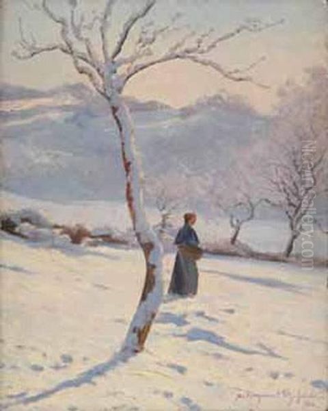 Paysanne Marchant Dans La Neige Oil Painting by Xavier Desparmet-Fitzgerald