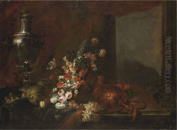 An Urn, A Wicker Basket Filled With Flowers And A Golden Can, All On A Wooden Ledge Oil Painting by Alexandre-Francois Desportes