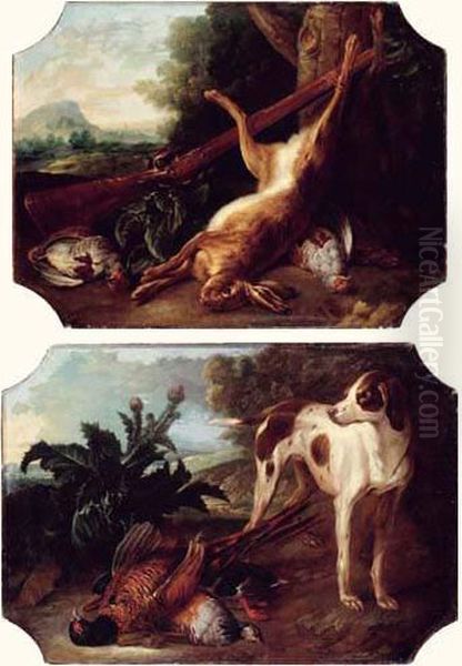 Chien A L'arret Devant Des Perdrix Nature Morte Au Lievre Et Perdrix Oil Painting by Alexandre-F. Desportes