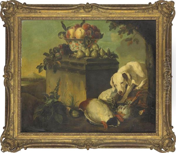 A Hound With A Duck And Partridges, A Bowl Of Peaches Oil Painting by Claude Francois Desportes