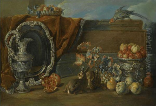 A Still Life With Two Rabbits Oil Painting by Claude Francois Desportes