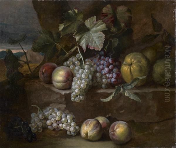 Nature Morte Aux Raisins, Peches Et Poires Dans Un Paysage Oil Painting by Claude Francois Desportes