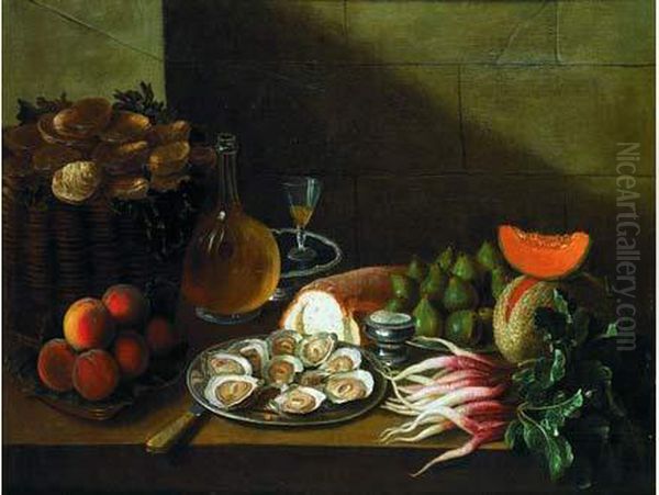 Nature Morte Aux Plat D'huitres, Figues Et Bouteille De Vin Oil Painting by Nicolas Desportes