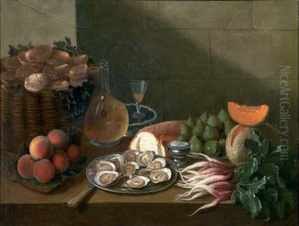 Nature Morte Aux Huitres, Melon, Fruits Et Miche De Pain Oil Painting by Nicolas Desportes