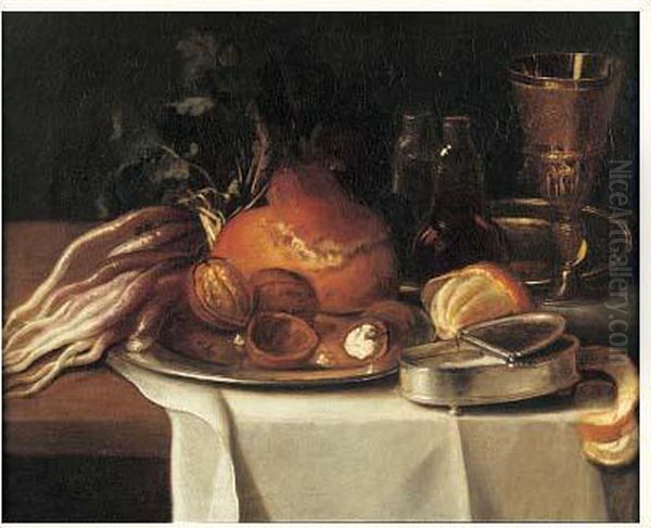 Nature Morte A La Brioche, Noix Et Pieces D'argenterie Sur Un
 Entablement Oil Painting by Nicolas Desportes