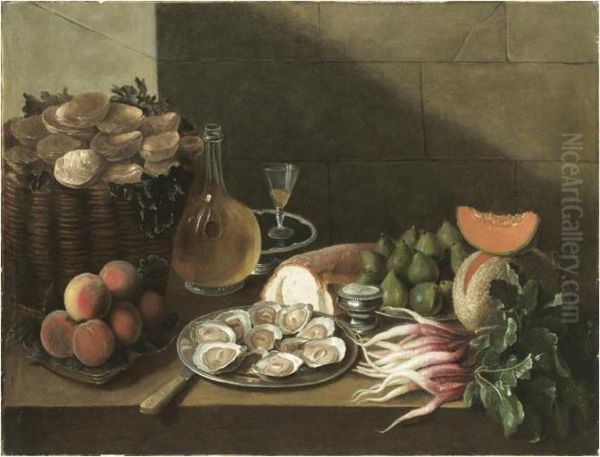 Nature Morte Au Plat D'huitres Et A La Miche De Pain Oil Painting by Nicolas Desportes