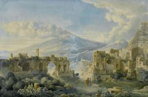 The Antique Theatre Of Taormina With A View Of Etna Oil Painting by Louis Jean Desprez