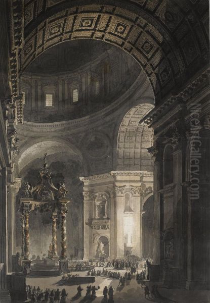 The Interior Of St Peter's With The 'baldacchino' Oil Painting by Louis Jean Desprez