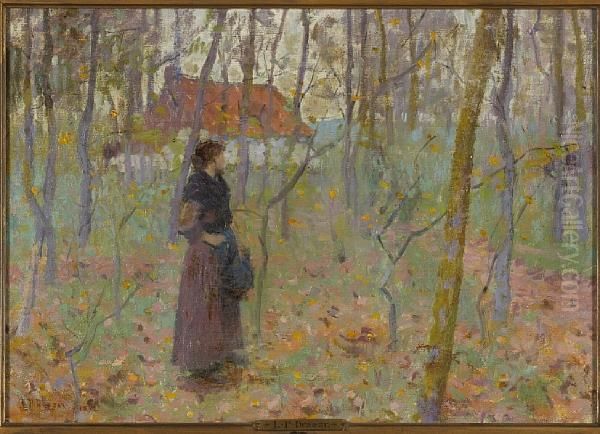 Lady In Wooded Landscape by Louis Paul Dessar