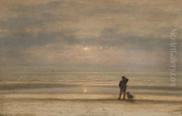 Man Met Hond Voor De Kust Bij Ondergaande Zon Oil Painting by Johannes Josephus Destree