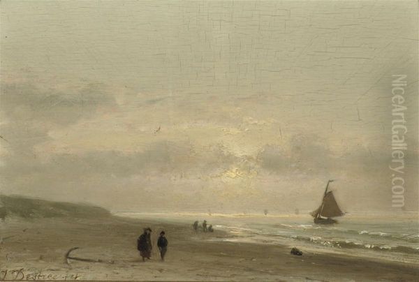 On The Beach By Sunset Oil Painting by Johannes Josephus Destree